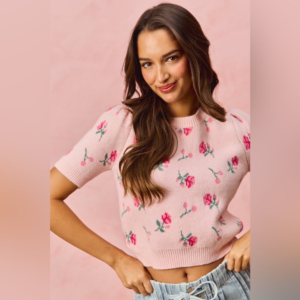 SO ME Floral Pattern Knit Puff Sleeves Sweater Top